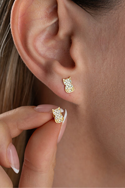 Silvano Jewelry 925 Ayar Gümüş Altın Kaplama Zirkon Taşlı Çivili Kedi Küpe