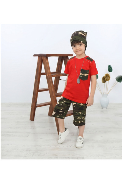 MAVİ BONCUKK Unisex Kids Camouflage Patterned T-Shirt Capri and Beanie 3-Piec...