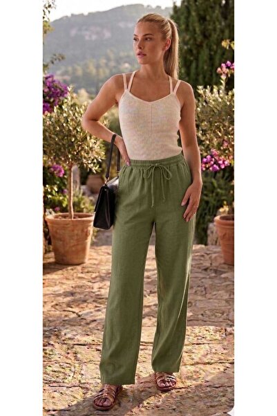 ZUM Λινό Χακί Παντελόνι Γυναικείο με Τσέπες Βαμβακερό Oversize Αυθεντικό Στυλ...