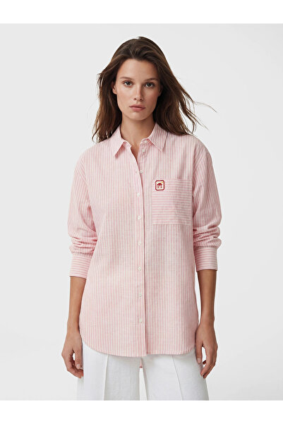 LC Waikiki Γυναικείο πουκάμισο LCW Modest Pink ριγέ Oversize Poplin