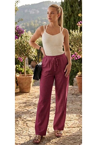 ZUM Λινό παντελόνι μπορντό γυναικείο με τσέπες, βαμβακερό, oversized, πρωτότυ...
