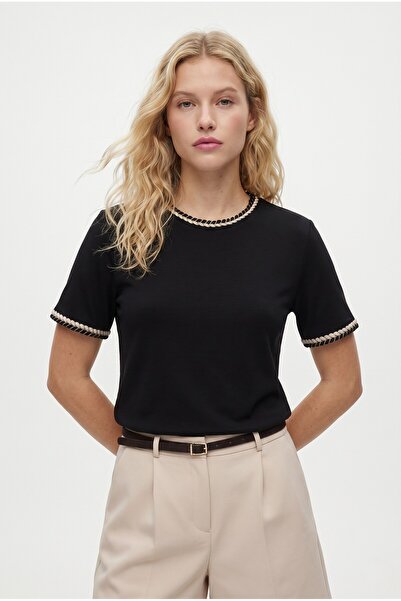 Ritnice Kadın Marin Yaka İşlemeli %100 Pamuk Kısa Kol Siyah Örme T-shirt