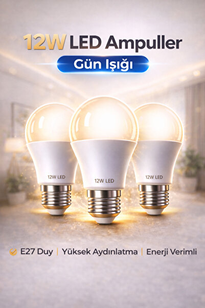 Edison 3 Adet 12W Gün Işığı LED Ampul E27 Duy – Yüksek Aydınlatma Enerji Veri...