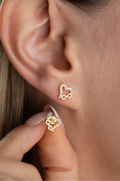Silvano Jewelry 925 Ayar Gümüş Altın Kaplama Sonsuzluk Çivili Kalp Küpe