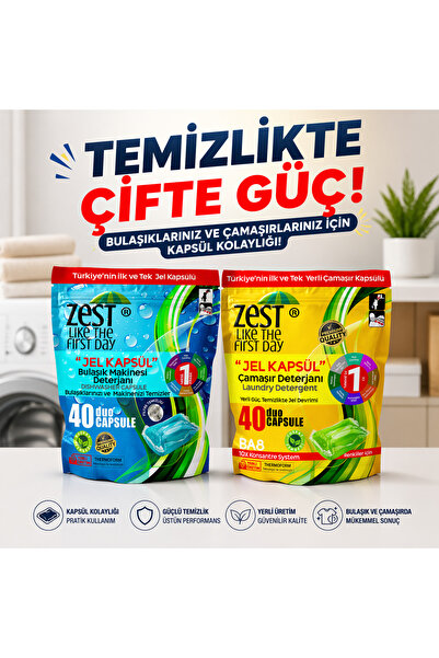 Zest Avantajlı Ev Temizlik Seti: 40'lı Çamaşır ve 40'lı Bulaşık Jel Kapsülü