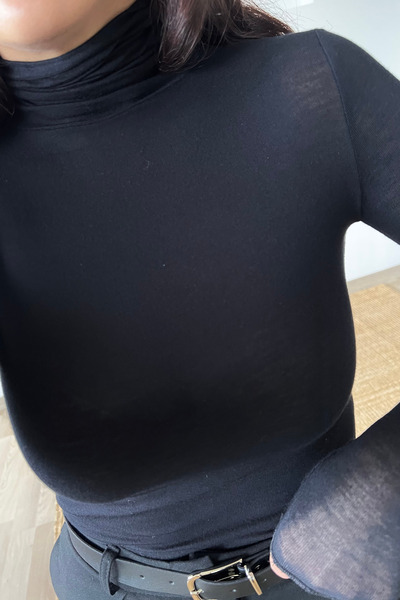 butikhola Black High-Neck Transparent Cashmere Textured Blouse