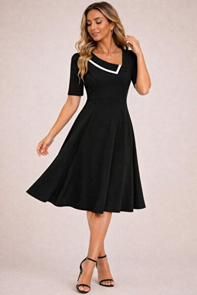 Simala Women's Short Sleeve Asymmetrical Collar Detailed Midi Janjan Crepe Dress