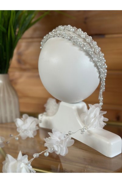 By Serpil Şener Ecru Double-Row Pearl Crown with Dangling Earrings - Maternity/Bridal Crown