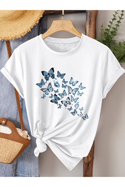 gencerco Μπλουζάκι Premium Oversize με στάμπα Blue Flying Butterflies