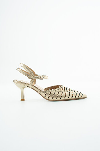dericia shoes حذاء نسائي ذهبي بكعب رفيع من الجلد الطبيعي من ماركة موشن