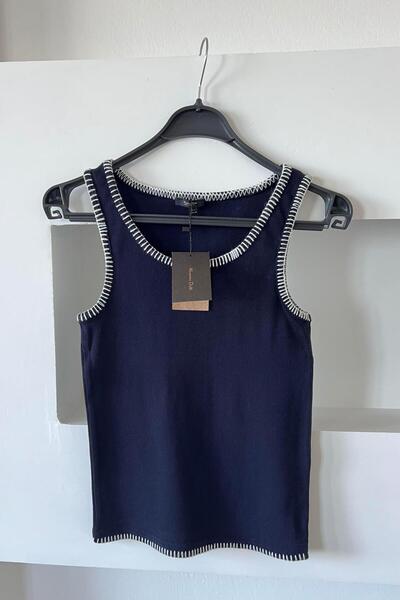butikhola Lacivert Dikiş Detaylı Fitilli Kolsuz Tshirt