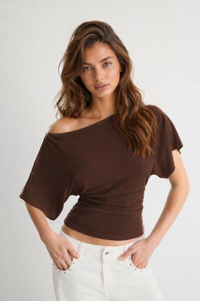 MAG FASHİON Καφέ Ασύμμετρη Μπλούζα με Μανίκια Νυχτερίδα από 97% Βαμβάκι, Καφέ...