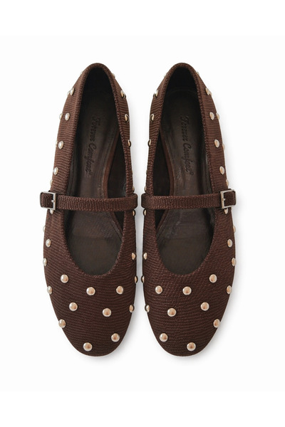 Noliva Women's Brown Woven Fabric Ballerinas – Stylish Shoes with Metal Detai...
