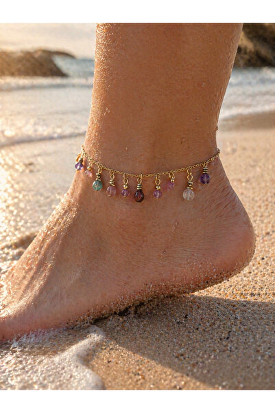 By Song Aksesuar Mixed Natural Stone Steel Anklet