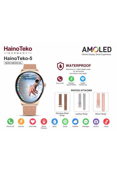 haino teko germany ساعة ذكية HainoTeko-5 AMOLED مقاومة للماء مع 3 أحزمة، ساعة لياقة بدنية للنساء مع ميزة الاتصال