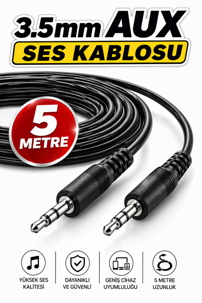 nelerbulurum 3.5mm AUX Kablo 5 Metre Erkek Erkek Stereo Ses Kablosu – Telefon...