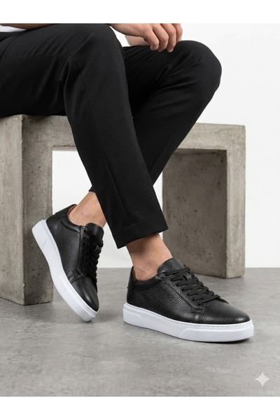 Lütfi Men's Black Genuine Leather Orthopedic Flat Sole Sneaker