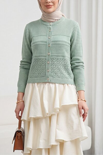 Modamorfo Round Neck Openwork Buttoned Knitwear Cardigan -Mint
