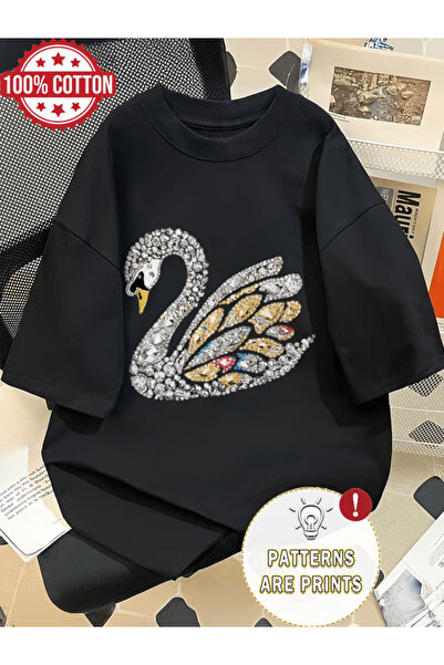 gencerco Μπλουζάκι Premium Oversize με στάμπα κύκνου με θέμα το Pearl