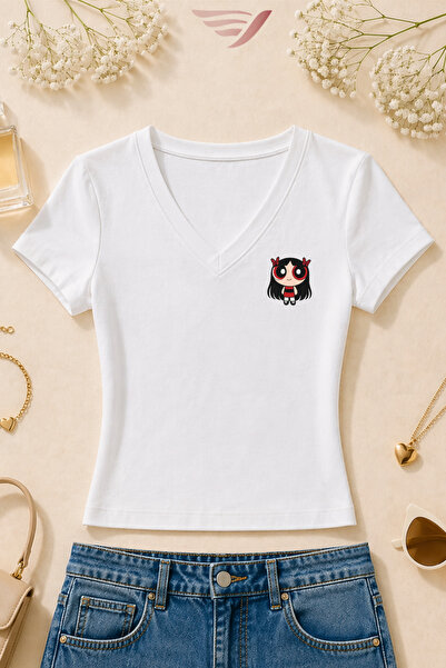 Velostra Women's Basic Daily Use Cartoon Printed V-Neck Slim Fit T-Shirt