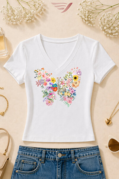 Velostra Women's Basic Daily Use Butterfly Printed V-Neck Slim Fit T-Shirt