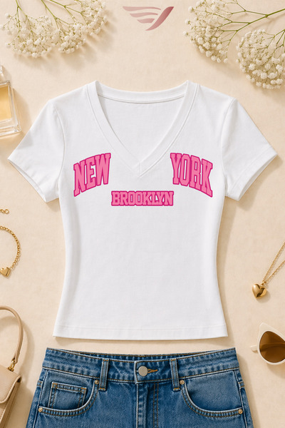 Velostra Women's Basic Daily Use New York Printed V-Neck Slim Fit T-Shirt