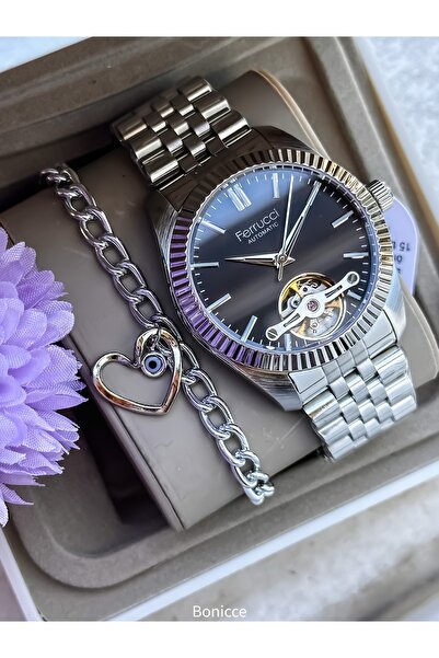 Ferrucci Automatic Battery-Free Silver Color Steel Cord, Black Dial Women Wri...