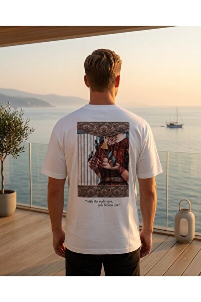 CANMODA Μπλουζάκι Unisex Λευκό Oversize με έθνικ σχέδιο πουλιού και vintage σ...