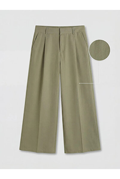 LC Waikiki Χακί ψηλόμεσο γυναικείο υφασμάτινο παντελόνι με φαρδιά μπατζάκια