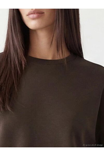 LC Waikiki Καφέ γυναικείο τουνίκ με λαιμόκοψη ποδηλάτου σε μεγάλο μέγεθος