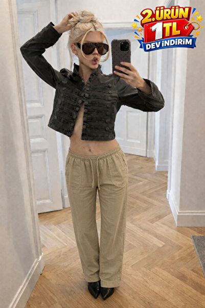 DAMGA JEANS Women's Trend Low Waist Loose Beige Linen Trousers