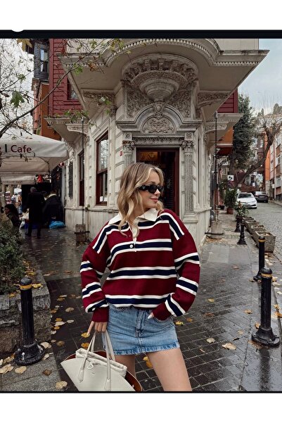 Trend Marfa Striped Shirt Collar Soft Knit Sweater