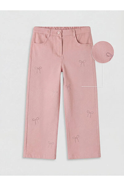 LC Waikiki Ροζ κοριτσίστικο παντελόνι γαμπαρντίνα με πέτρινη κεντητική διακόσ...