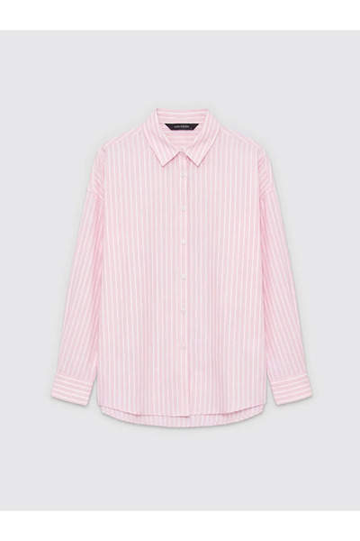 LC Waikiki Ροζ Ριγέ Ποπλίνα Γυναικείο πουκάμισο