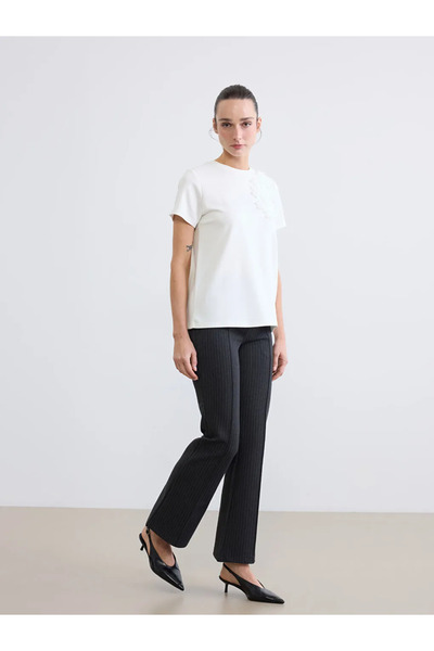 LC Waikiki Γκρι Γυναικείο Παντελόνι Dar Fit Ριγέ καμπάνα