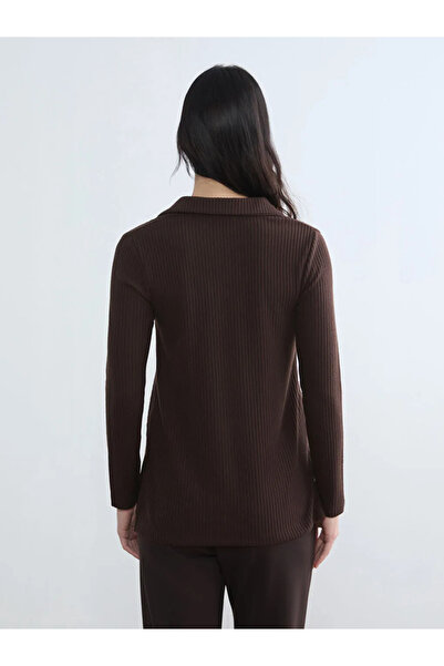 LC Waikiki Καφέ γυναικείο φούτερ με λαιμόκοψη πόλο και ριμπ ύφανση