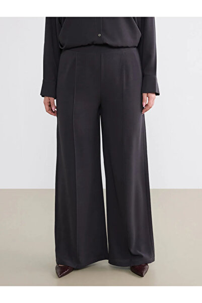 LC Waikiki Γυναικείο πλισέ παντελόνι ανθρακί με ελαστική μέση και φαρδιά μπατ...