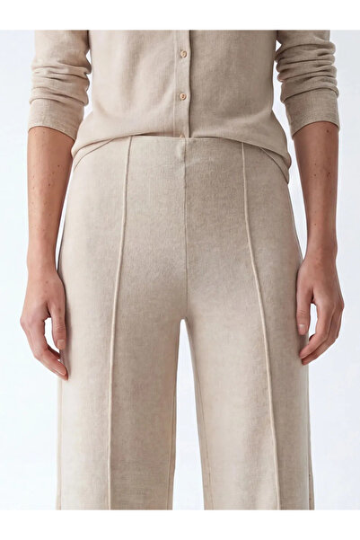 LC Waikiki Ecru Γυναικείο Παντελόνι με Ελαστική Μέση Φαρδύ Πόδι