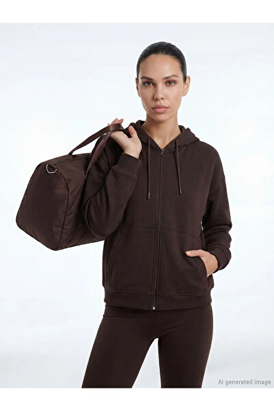 LC Waikiki Καφέ με κουκούλα Γυναικείο φούτερ με φερμουάρ Soft Touch