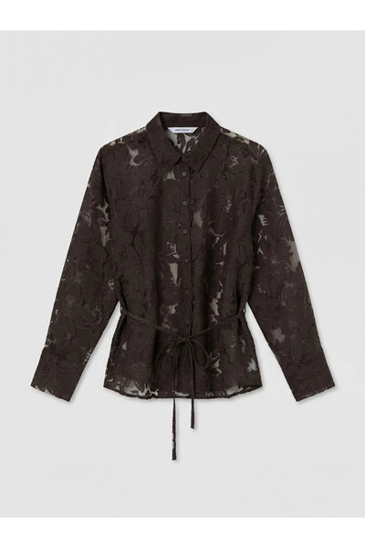 LC Waikiki Καφέ Γυναικείο Σατέν Πουκάμισο με Φλοράλ Ζώνη
