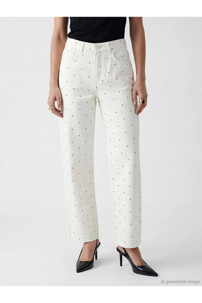 LC Waikiki Λευκό πουά γυναικείο τζιν παντελόνι ίσιας γραμμής