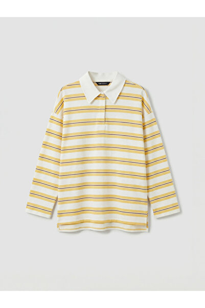 LC Waikiki Κίτρινο γυναικείο φούτερ τουνίκ με γιακά πόλο Ριγέ