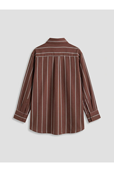 LC Waikiki Καφέ Ριγέ Ποπλίνα Γυναικείο Πουκάμισο Τουνίκ