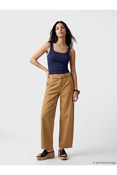 LC Waikiki Καφέ γυναικείο τζιν παντελόνι με ζώνη στη μέση και στενή εφαρμογή