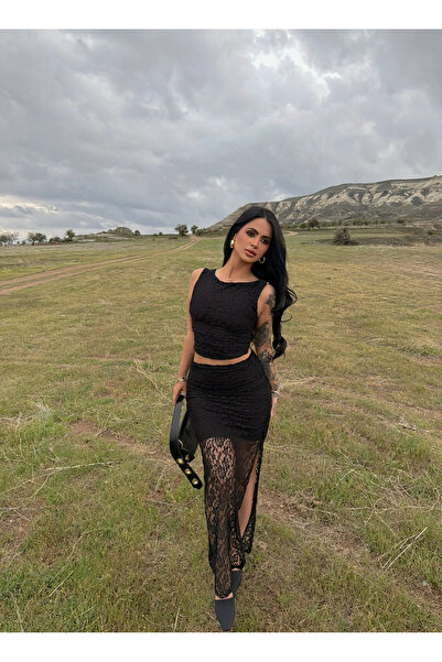 kırmızı butiks Μαύρο Σετ Δύο Τεμαχίων με Μπουστιέ και Φούστα