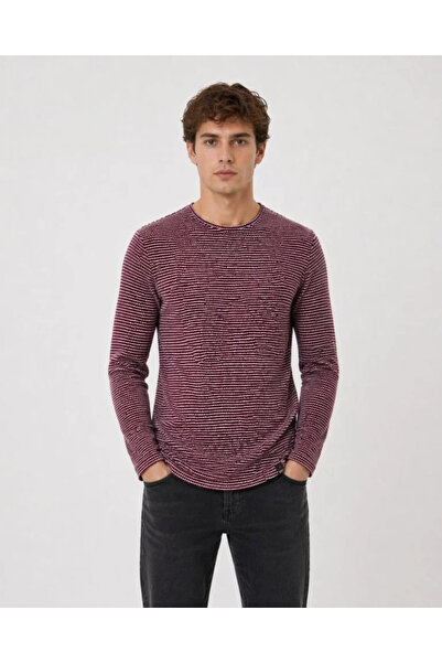 Veraura Lifestyle Men's Textured Striped Long Sleeve T-Shirt Oval Cut - Burgundy
