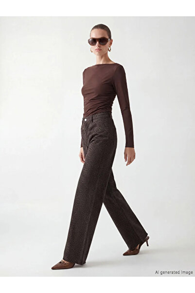 LC Waikiki Καφέ γυναικείο τζιν παντελόνι με φαρδιά μπατζάκια και λεοπάρ σχέδιο