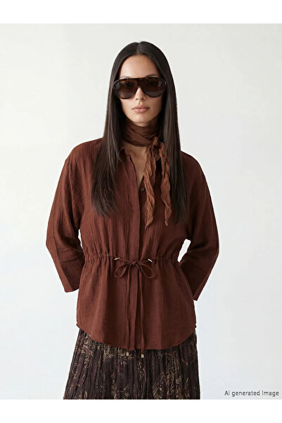 LC Waikiki Καφέ υφή oversized Γυναικείο πουκάμισο τουνίκ