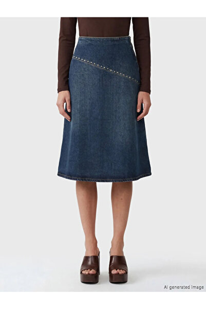 LC Waikiki Μπλε ναυτικό τζιν φούστα σε γραμμή Α με φερμουάρ στη μέση και πέτρ...