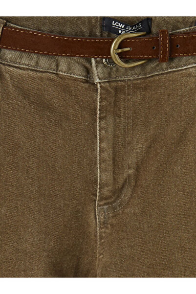 LC Waikiki Καφέ γυναικείο τζιν παντελόνι με ζώνη στη μέση και φαρδιά γραμμή